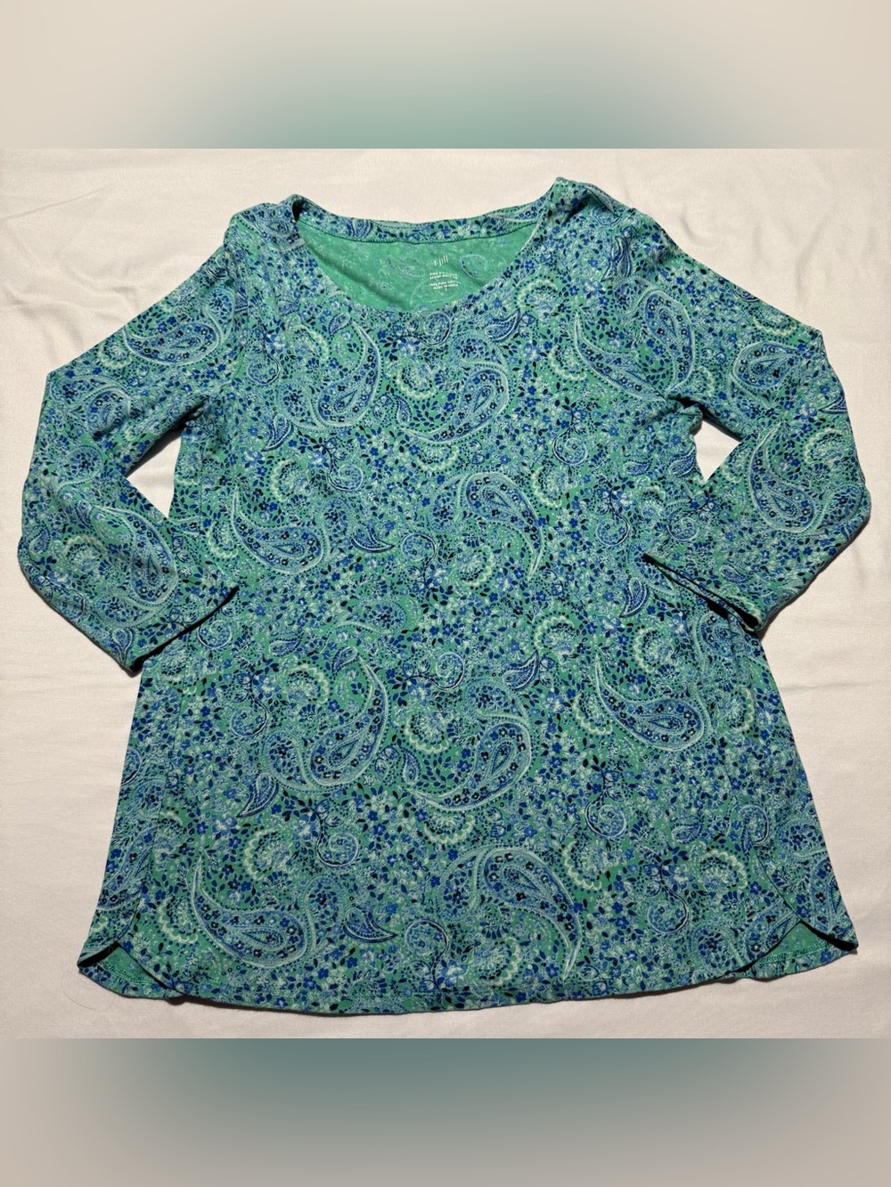 J.Jill Paisley Blue Green Pima Cotton 3/4 Sleeve Scoop Neck Womens Tee Size S